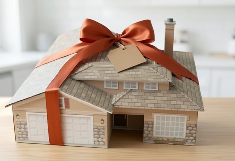 Concept of the closed house-shaped gift box tied with a terracotta ribbon and bow