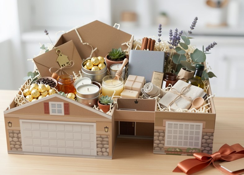 Concept of a house-shaped Box Tale gift box filled with small gifts on a kitchen table